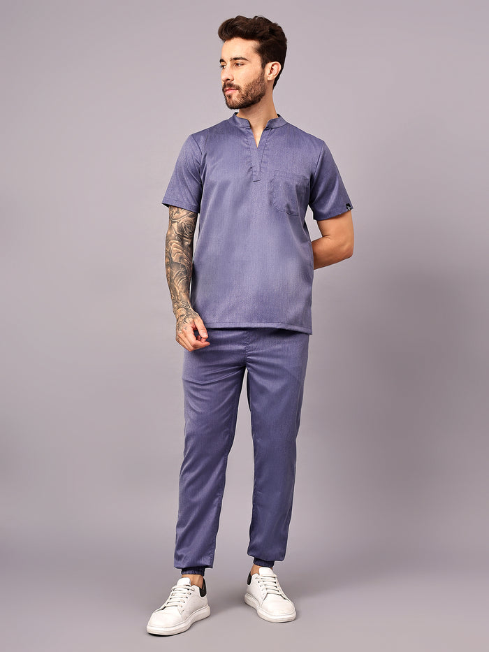 Stretchable (2Way) Men Denim Blue Texture Mandarin Neck With Jogger Scrub Set
