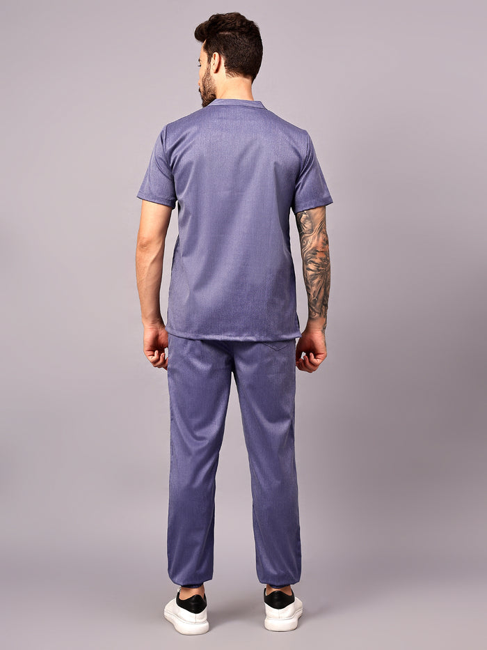 Stretchable (2Way) Men Denim Blue Texture Mandarin Neck With Jogger Scrub Set