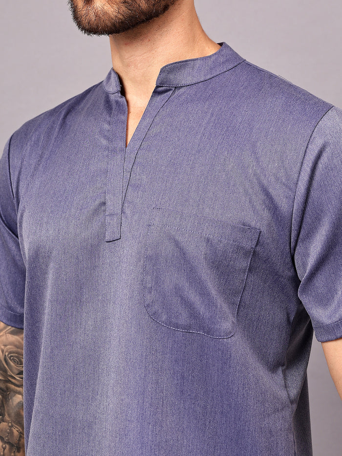 Stretchable (2Way) Men Denim Blue Texture Mandarin Neck With Jogger Scrub Set