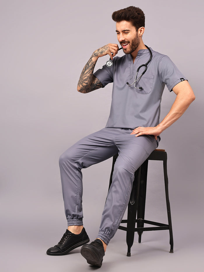 Stretchable (2Way) Men Graphite Mandarin Neck With Jogger Scrub Set