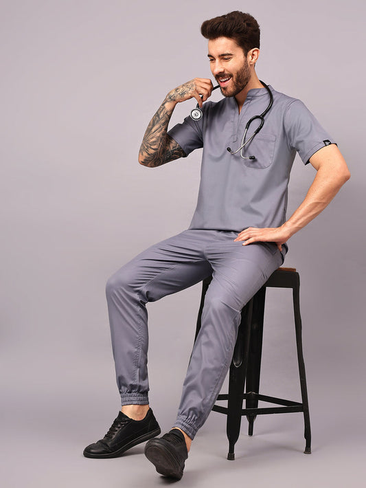 Stretchable (2Way) Men Graphite Mandarin Neck With Jogger Scrub Set