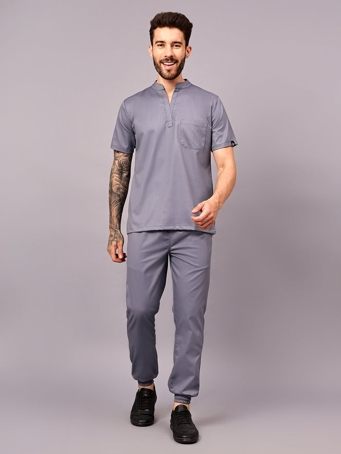Stretchable (2Way) Men Graphite Mandarin Neck With Jogger Scrub Set
