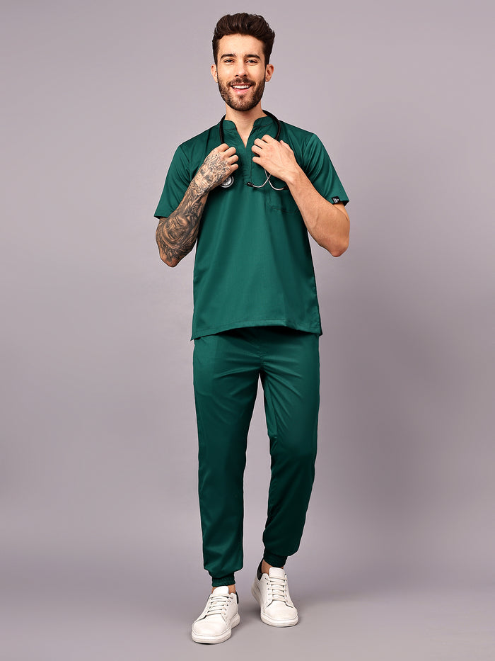 Stretchable (2Way) Men Hunter Green Mandarin Neck With Jogger Scrub Set