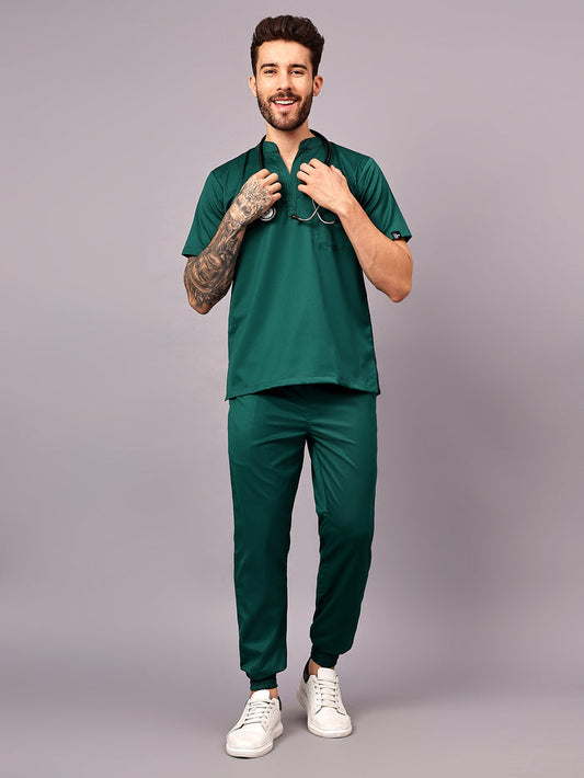 Stretchable (2Way) Men Hunter Green Mandarin Neck With Jogger Scrub Set