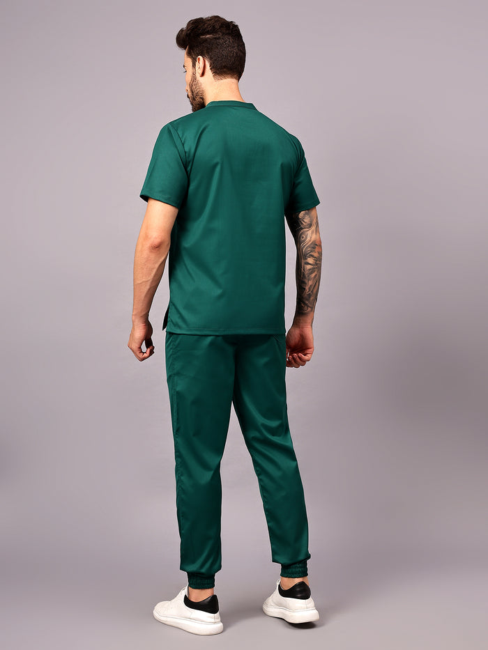 Stretchable (2Way) Men Hunter Green Mandarin Neck With Jogger Scrub Set