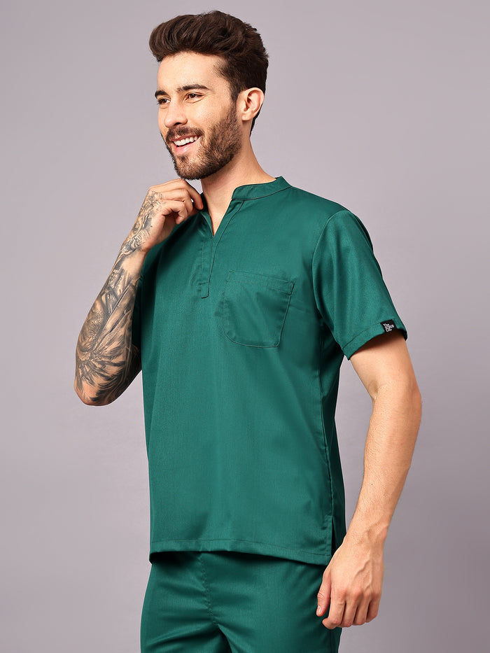 Stretchable (2Way) Men Hunter Green Mandarin Neck With Jogger Scrub Set