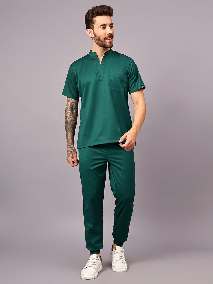Stretchable (2Way) Men Hunter Green Mandarin Neck With Jogger Scrub Set