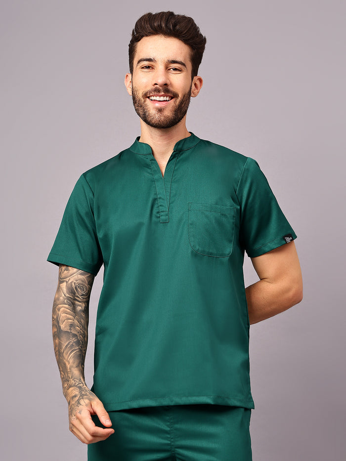 Stretchable (2Way) Men Hunter Green Mandarin Neck With Jogger Scrub Set