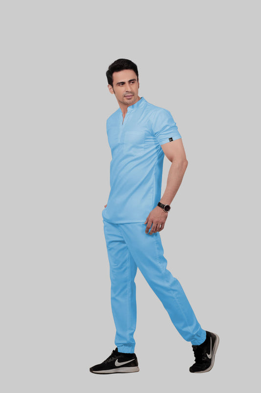 Stretchable (2Way) Men Light Blue Mandarin Neck With Jogger Scrub Set