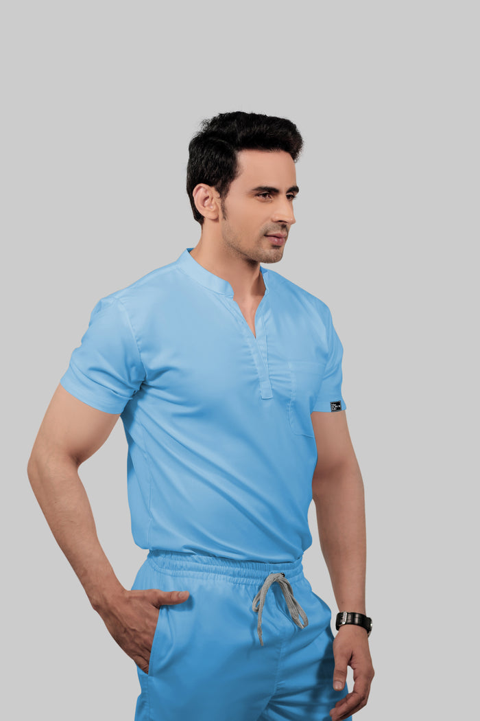 Stretchable (2Way) Men Light Blue Mandarin Neck With Jogger Scrub Set