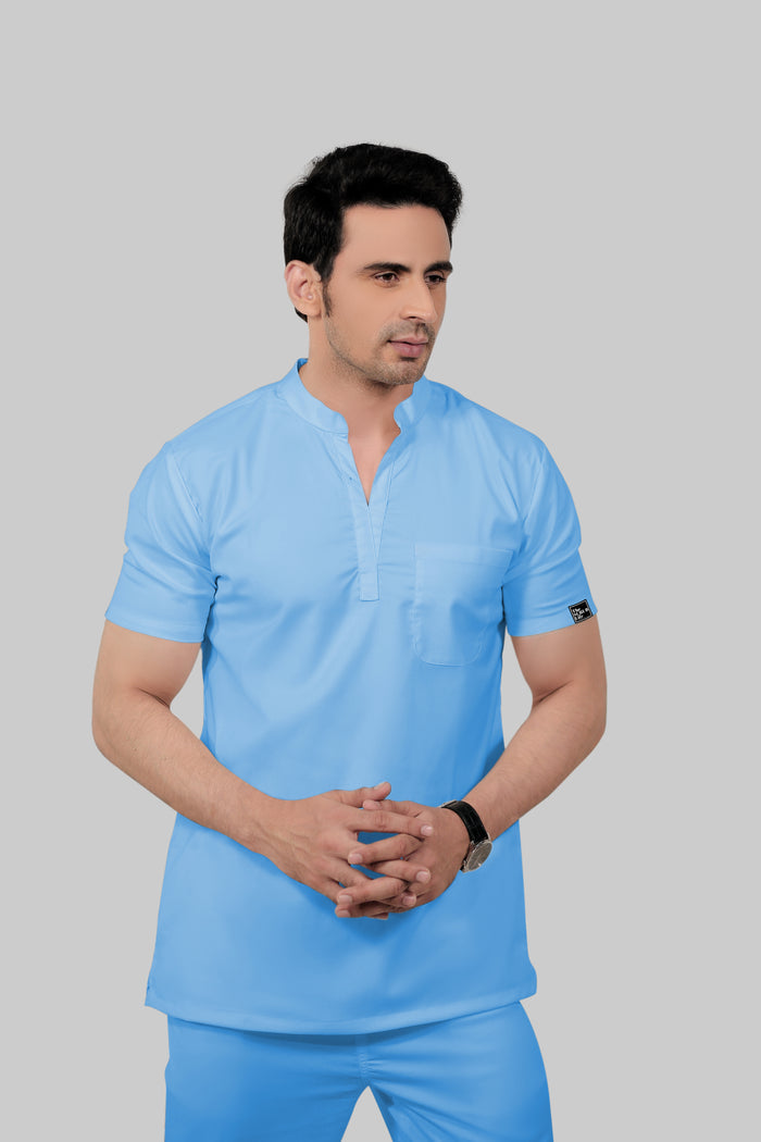 Stretchable (2Way) Men Light Blue Mandarin Neck With Jogger Scrub Set