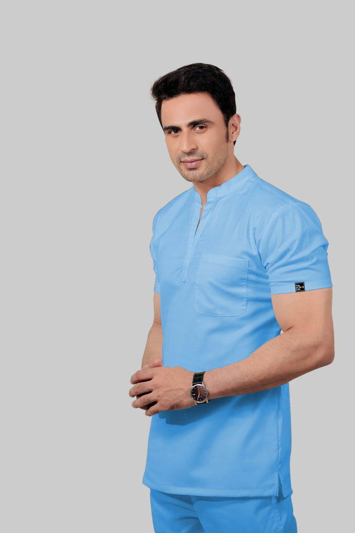Stretchable (2Way) Men Light Blue Mandarin Neck With Jogger Scrub Set