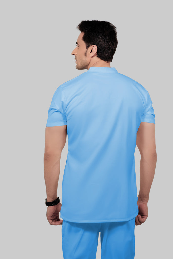 Stretchable (2Way) Men Light Blue Mandarin Neck With Jogger Scrub Set