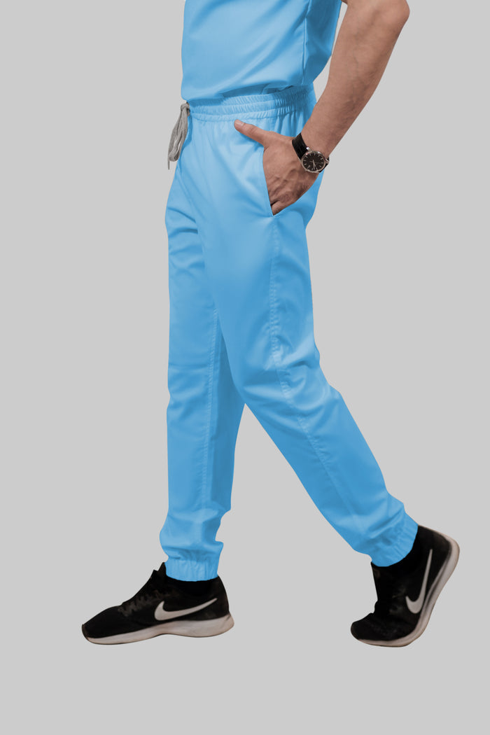 Stretchable (2Way) Men Light Blue Mandarin Neck With Jogger Scrub Set