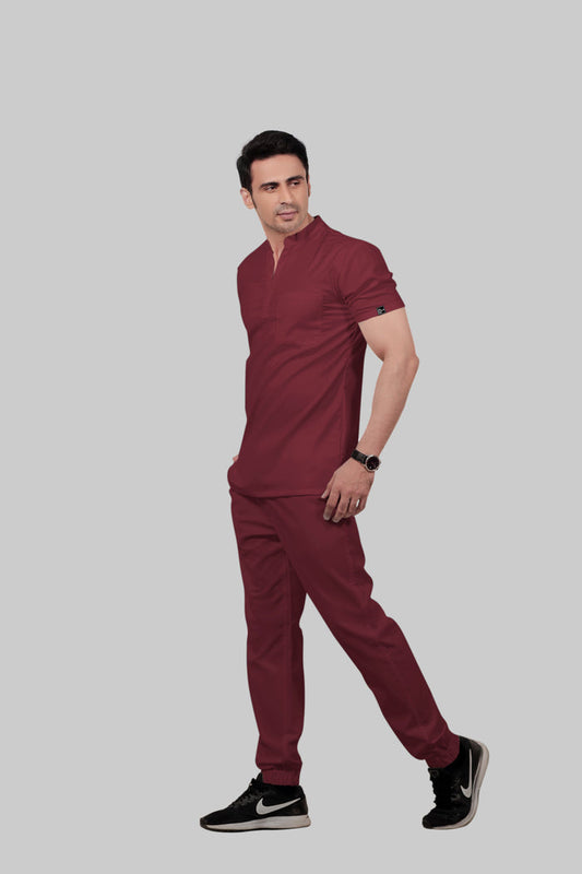 Stretchable (2Way) Men Maroon Mandarin Neck With Jogger Scrub Set
