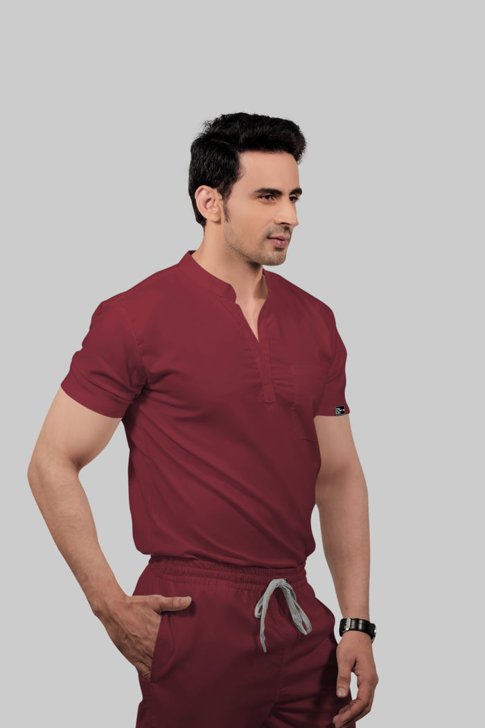 Stretchable (2Way) Men Maroon Mandarin Neck With Jogger Scrub Set