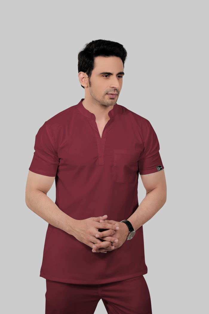 Stretchable (2Way) Men Maroon Mandarin Neck With Jogger Scrub Set
