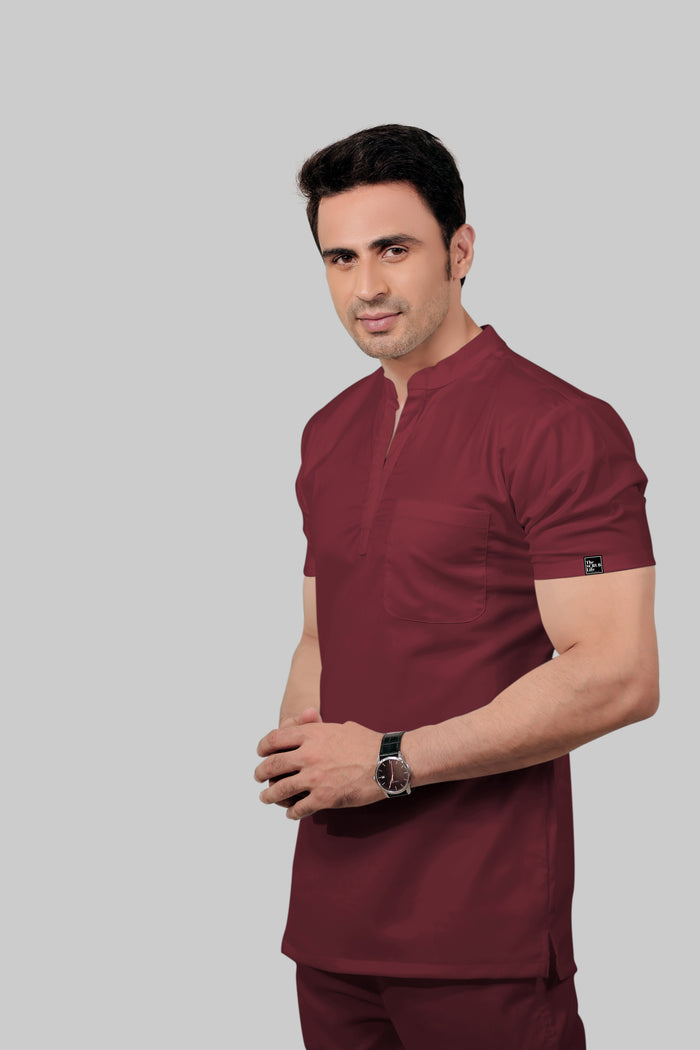 Stretchable (2Way) Men Maroon Mandarin Neck With Jogger Scrub Set