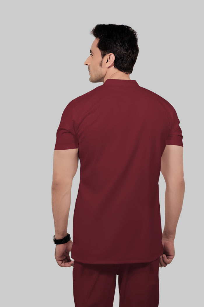 Stretchable (2Way) Men Maroon Mandarin Neck With Jogger Scrub Set