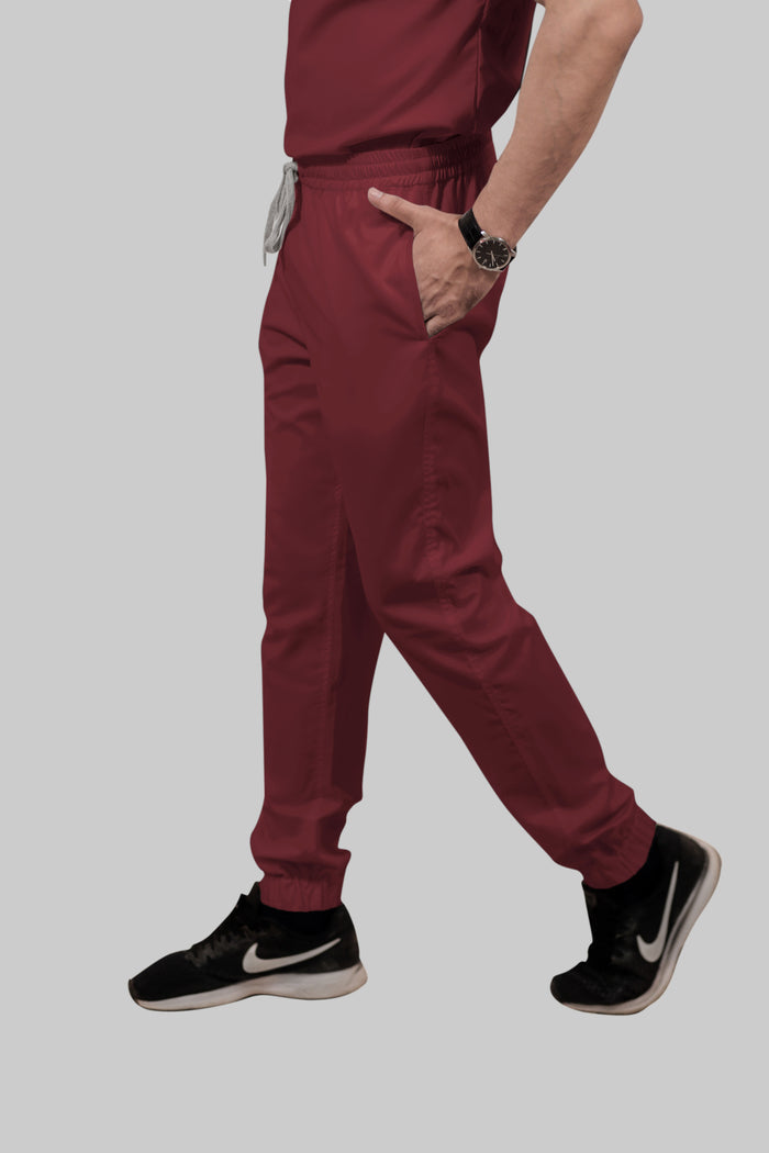 Stretchable (2Way) Men Maroon Mandarin Neck With Jogger Scrub Set