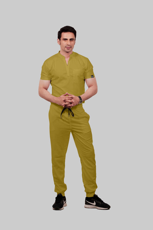 Stretchable (2Way) Men Mustard Mandarin Neck With Jogger Scrub Set