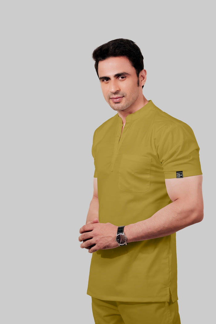 Stretchable (2Way) Men Mustard Mandarin Neck With Jogger Scrub Set
