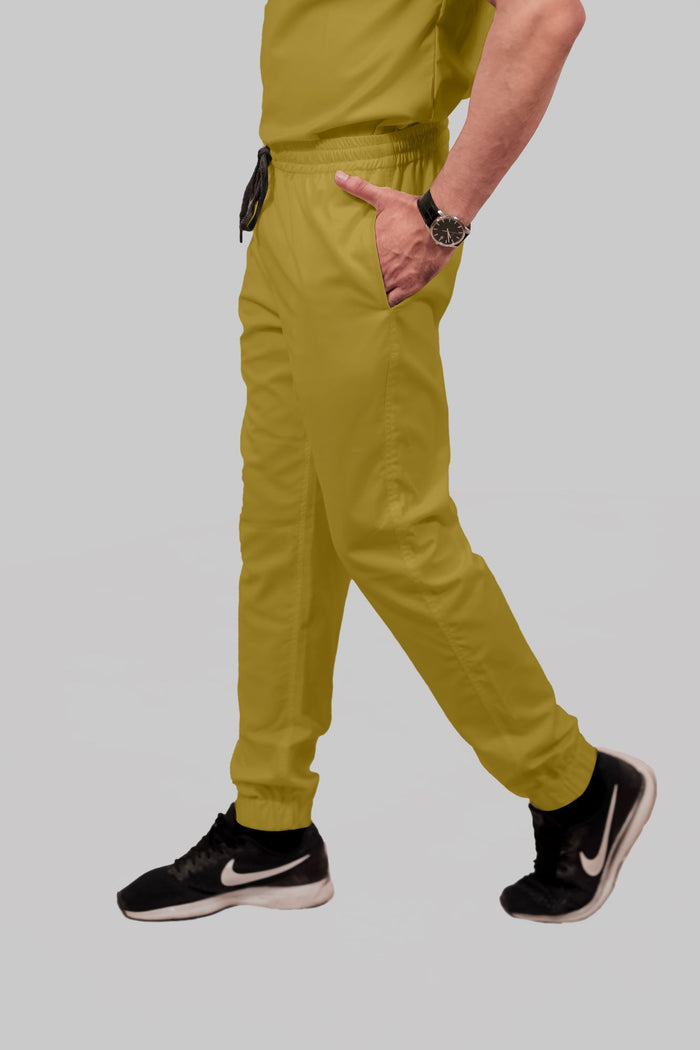 Stretchable (2Way) Men Mustard Mandarin Neck With Jogger Scrub Set