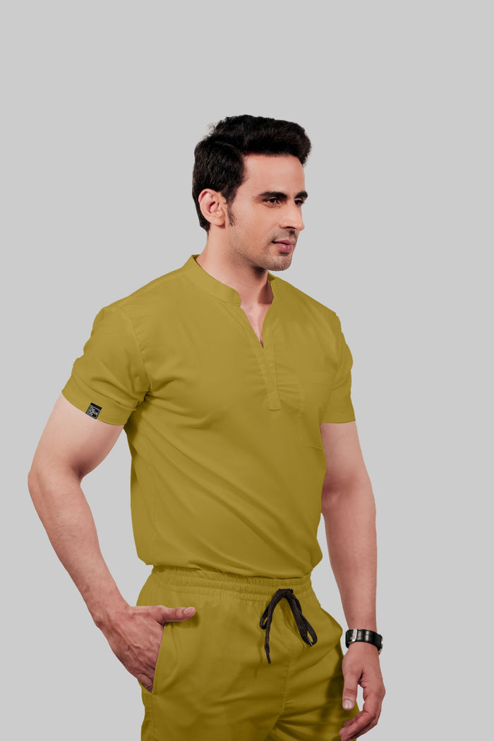 Stretchable (2Way) Men Mustard Mandarin Neck With Jogger Scrub Set