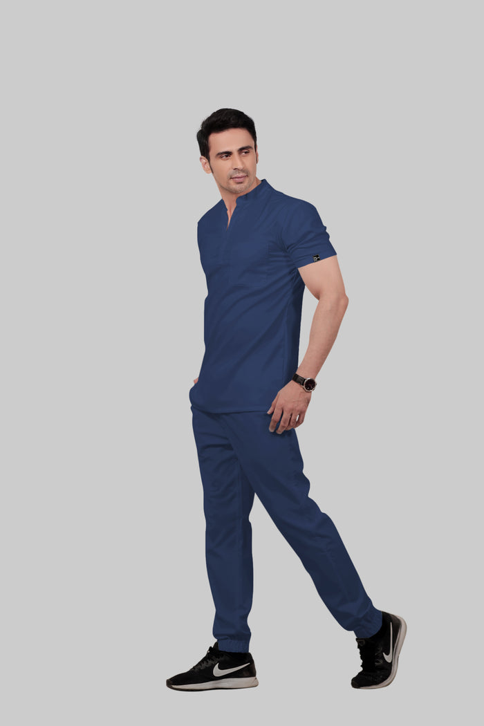 Stretchable (2Way) Men Navy Blue Mandarin Neck With Jogger Scrub Set