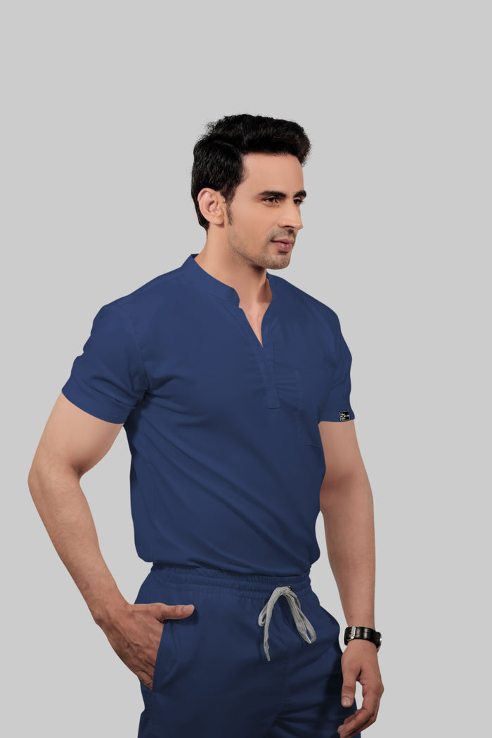 Stretchable (2Way) Men Navy Blue Mandarin Neck With Jogger Scrub Set