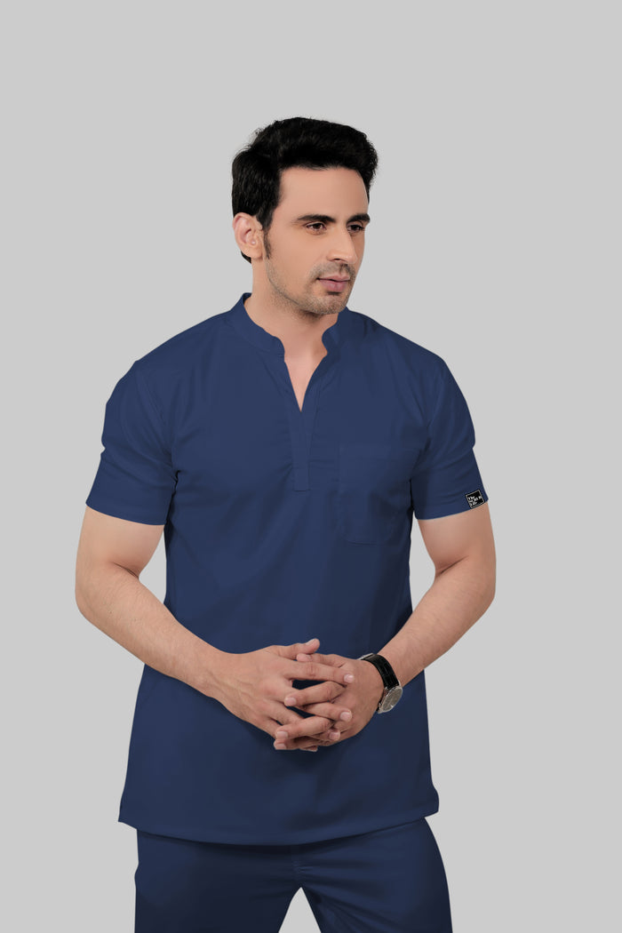 Stretchable (2Way) Men Navy Blue Mandarin Neck With Jogger Scrub Set