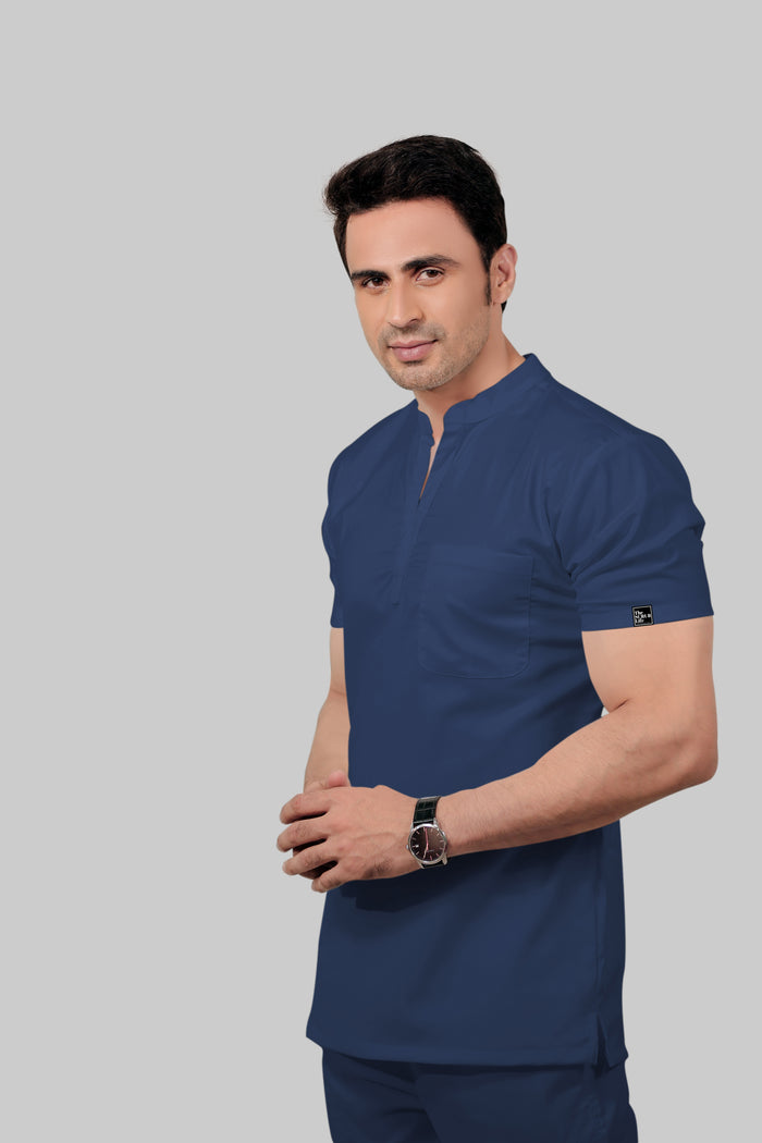Stretchable (2Way) Men Navy Blue Mandarin Neck With Jogger Scrub Set