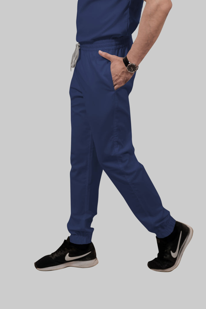 Stretchable (2Way) Men Navy Blue Mandarin Neck With Jogger Scrub Set