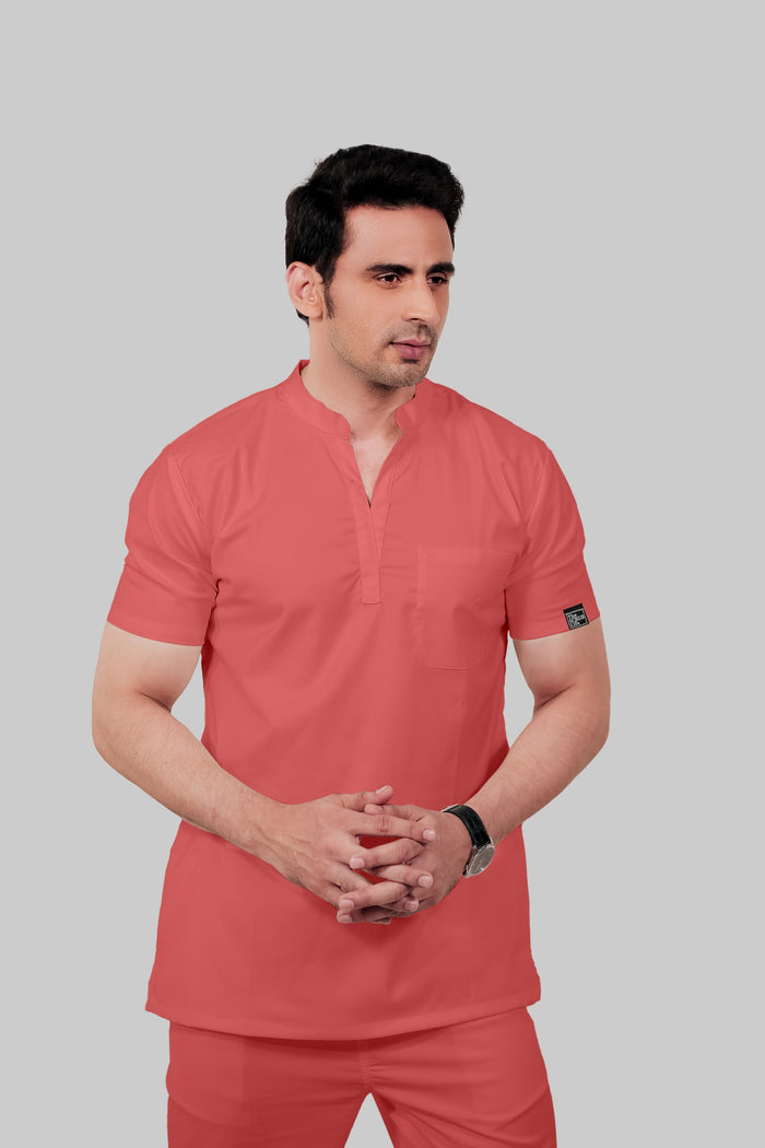 Stretchable (2Way) Men Peach Mandarin Neck With Jogger Scrub Set