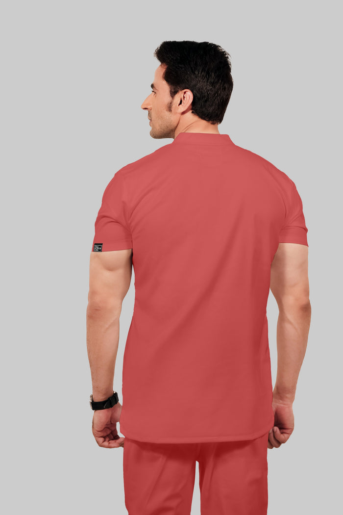 Stretchable (2Way) Men Peach Mandarin Neck With Jogger Scrub Set
