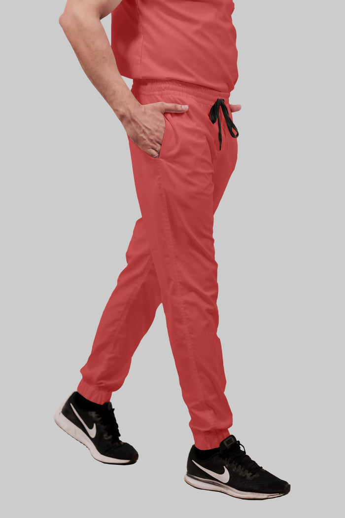 Stretchable (2Way) Men Peach Mandarin Neck With Jogger Scrub Set