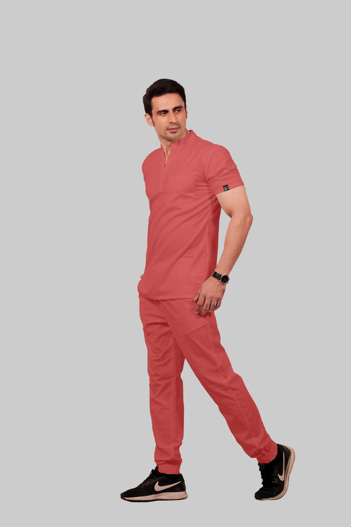 Stretchable (2Way) Men Peach Mandarin Neck With Jogger Scrub Set