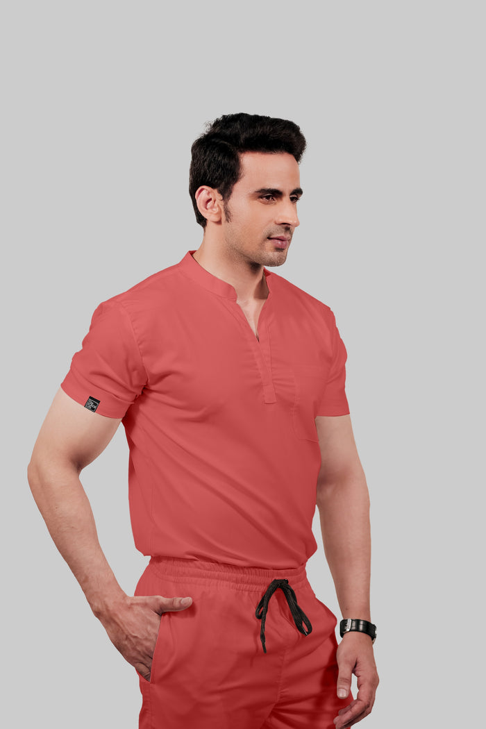 Stretchable (2Way) Men Peach Mandarin Neck With Jogger Scrub Set
