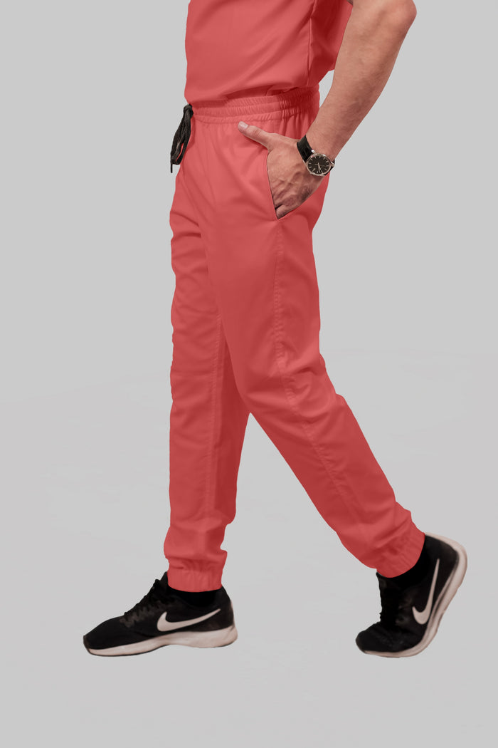 Stretchable (2Way) Men Peach Mandarin Neck With Jogger Scrub Set