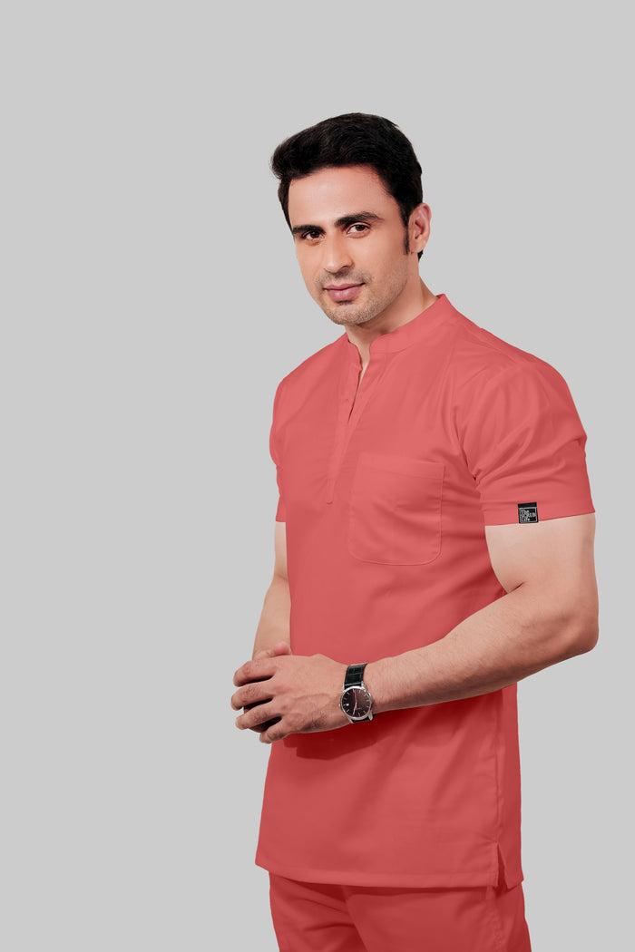 Stretchable (2Way) Men Peach Mandarin Neck With Jogger Scrub Set