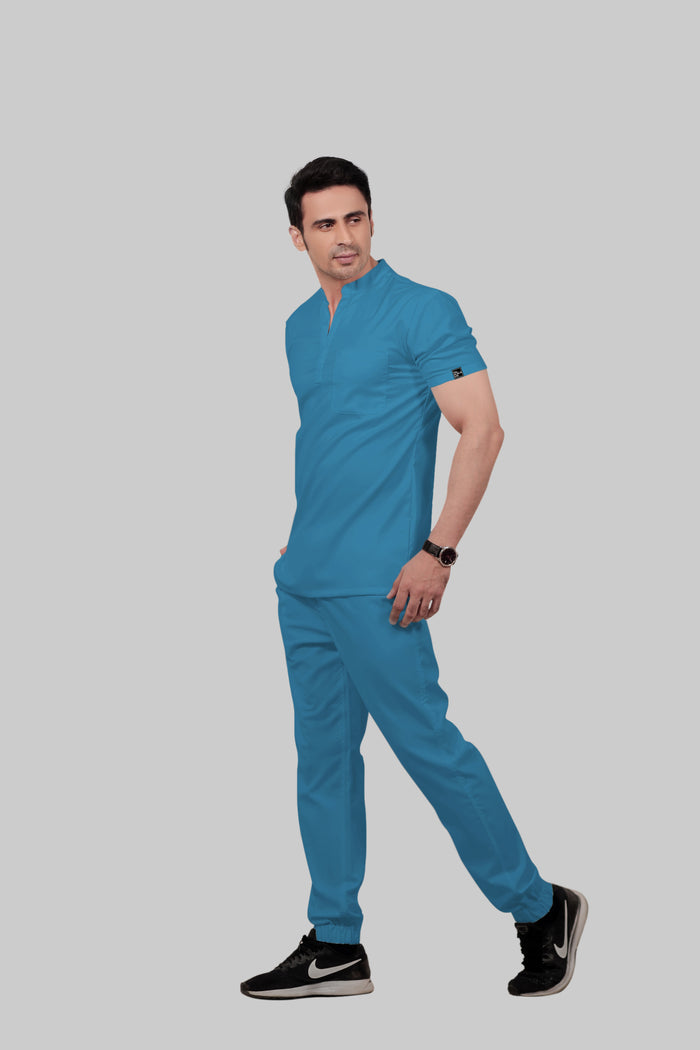 Stretchable (2Way) Men Peacock Blue Mandarin Neck With Jogger Scrub Set