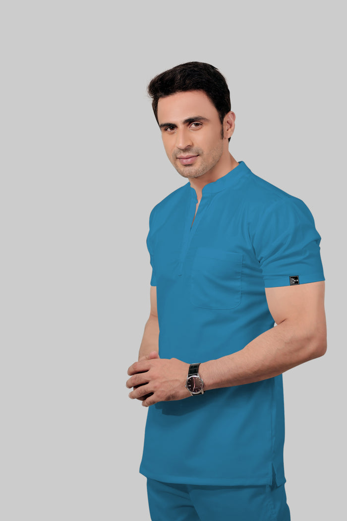 Stretchable (2Way) Men Peacock Blue Mandarin Neck With Jogger Scrub Set