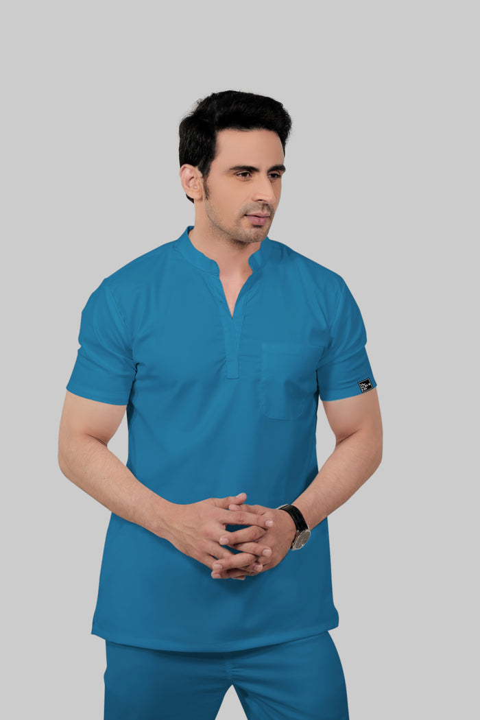 Stretchable (2Way) Men Peacock Blue Mandarin Neck With Jogger Scrub Set