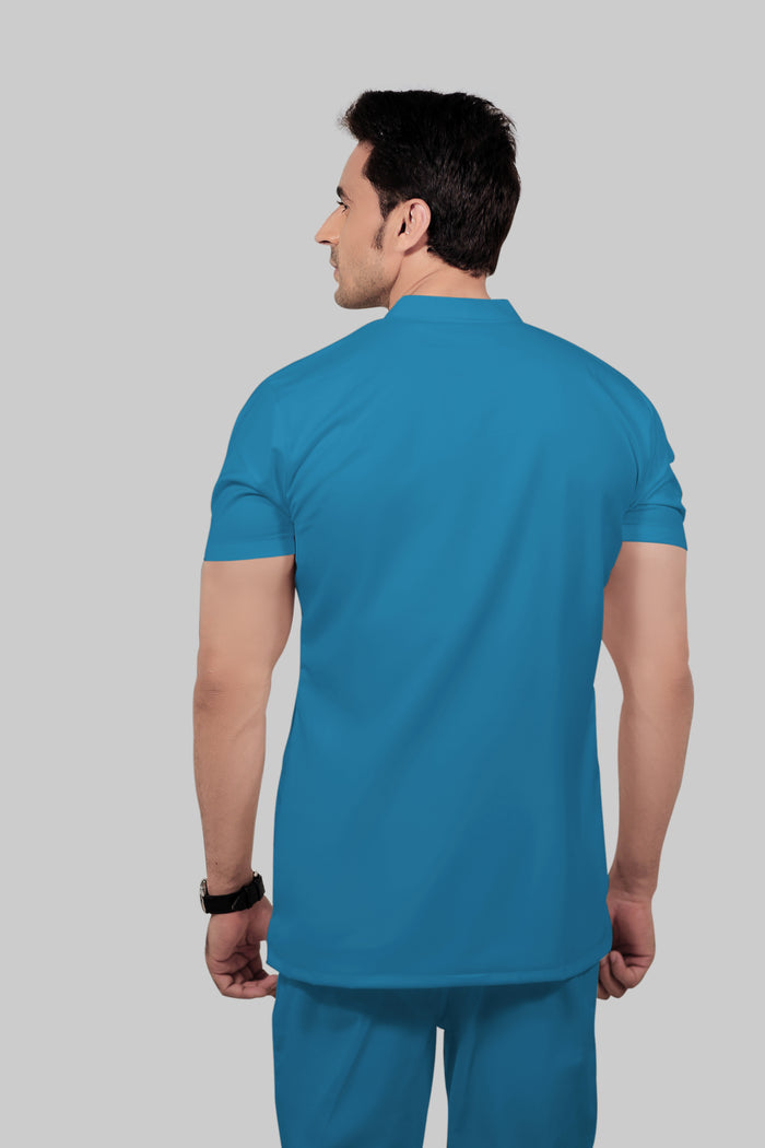 Stretchable (2Way) Men Peacock Blue Mandarin Neck With Jogger Scrub Set