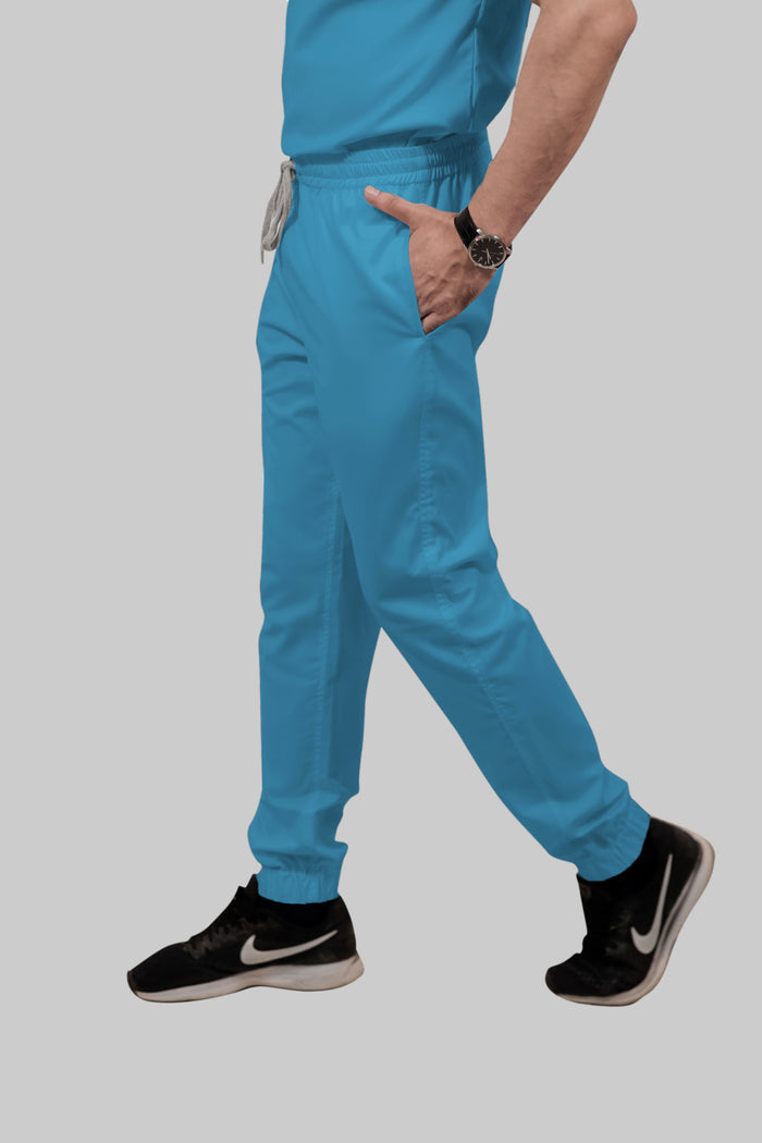 Stretchable (2Way) Men Peacock Blue Mandarin Neck With Jogger Scrub Set
