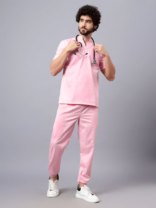 Stretchable (2Way) Men Powder Pink Mandarin Neck With Jogger Scrub Set