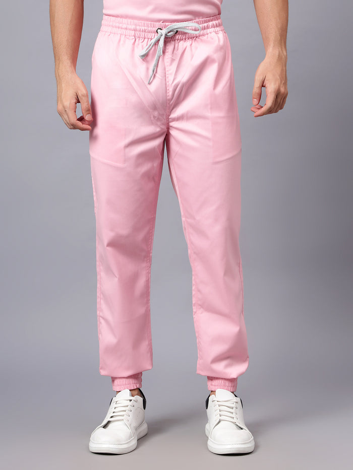 Stretchable (2Way) Men Powder Pink Mandarin Neck With Jogger Scrub Set
