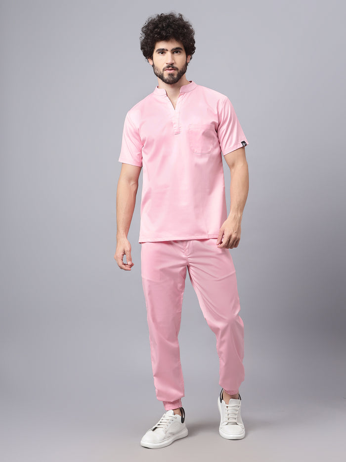 Stretchable (2Way) Men Powder Pink Mandarin Neck With Jogger Scrub Set