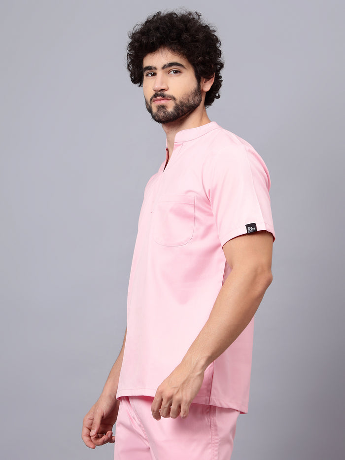 Stretchable (2Way) Men Powder Pink Mandarin Neck With Jogger Scrub Set