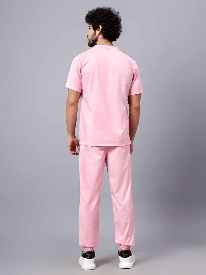 Stretchable (2Way) Men Powder Pink Mandarin Neck With Jogger Scrub Set